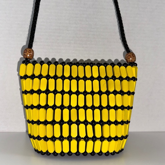Kenyan Handmade Wooden Bead Mini Bucket Bag, Yellow+Black, Rufina Designs - Picture 1 of 9